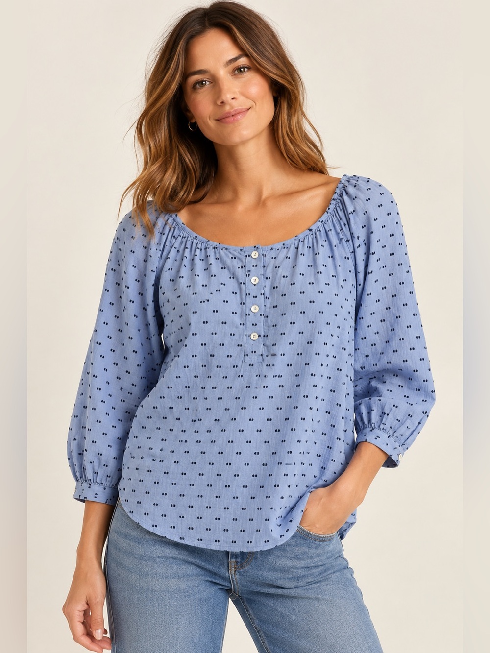 Talbots Blue 100% Cotton Print Henley Blouse Medium 3/4 Sleeve